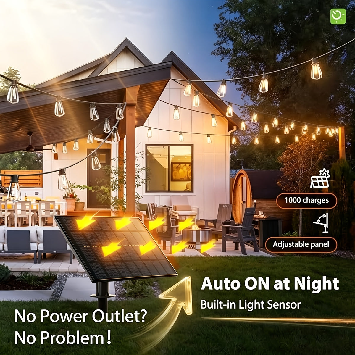 ST38 Solar Patio String Lights with Listed 2700K Warm Light and E12 Base, 100 to 200ft Length Options for Garden, Courtyard and Party Backdrop Decoration