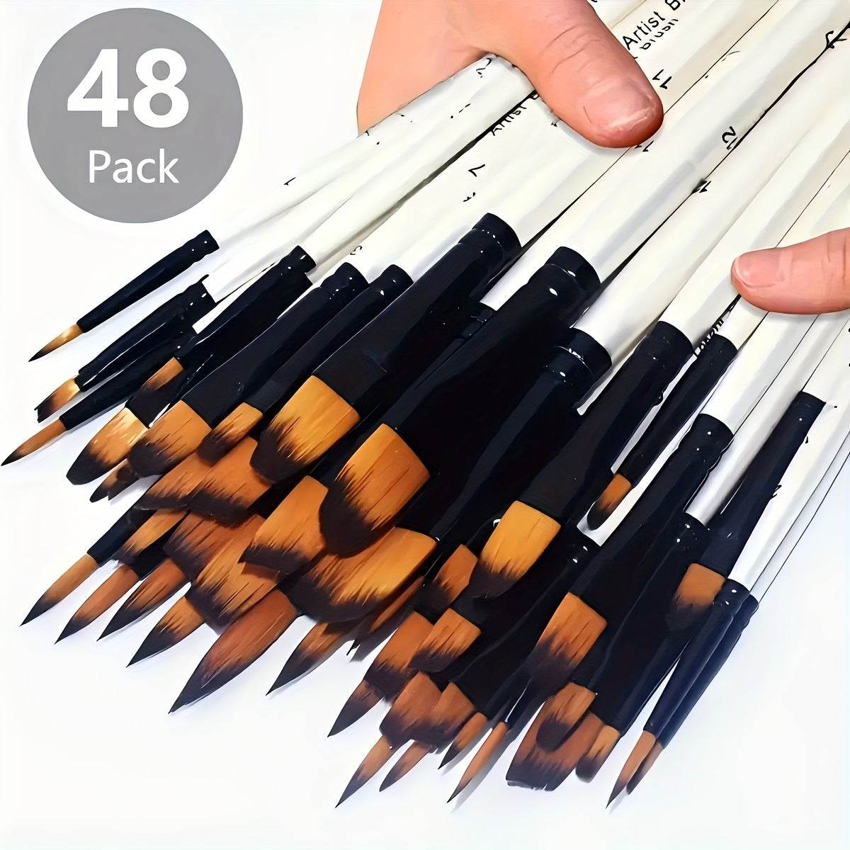 Artist Paint Brush Set 48 Pieces with Nylon Bristles and Wooden Handles, Listed Round, Filbert, Flat and Angled Tips for Watercolor, Oil Painting and Creative DIY Crafts