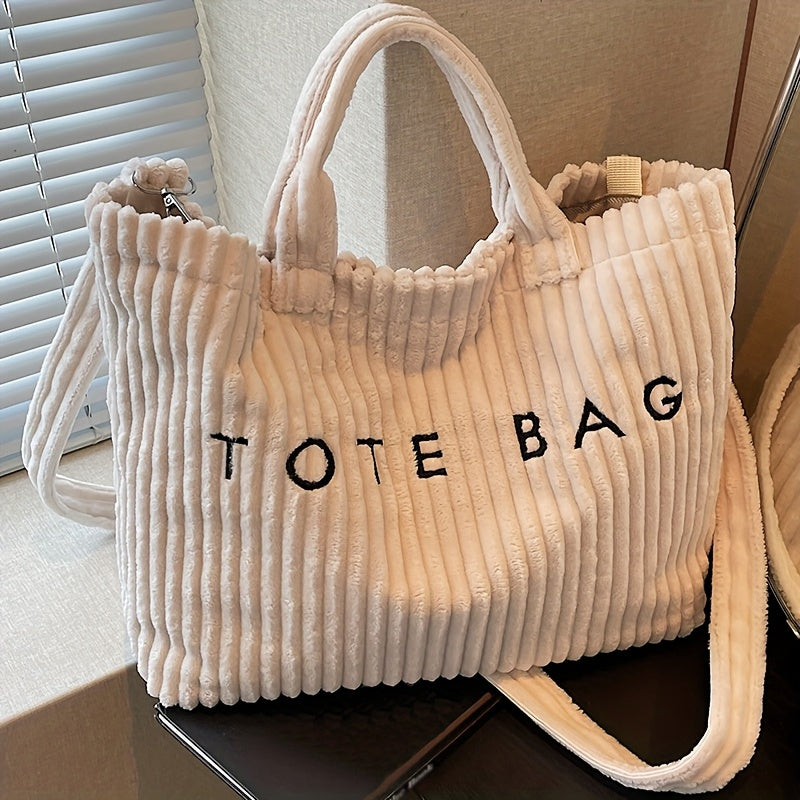 Letter Pattern Corduroy Tote Bag for Women with Adjustable Shoulder Strap and Listed Color-Block Design, Beige, Black, Green or Pink for Work, Shopping and Casual Outings