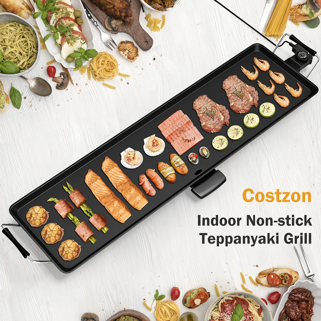 Electric Griddle 35-Inch Extra-Long Nonstick Grill with Adjustable Temperature and Drip Tray for Pancakes, Steaks and Family Meals, Gift Bag Included
