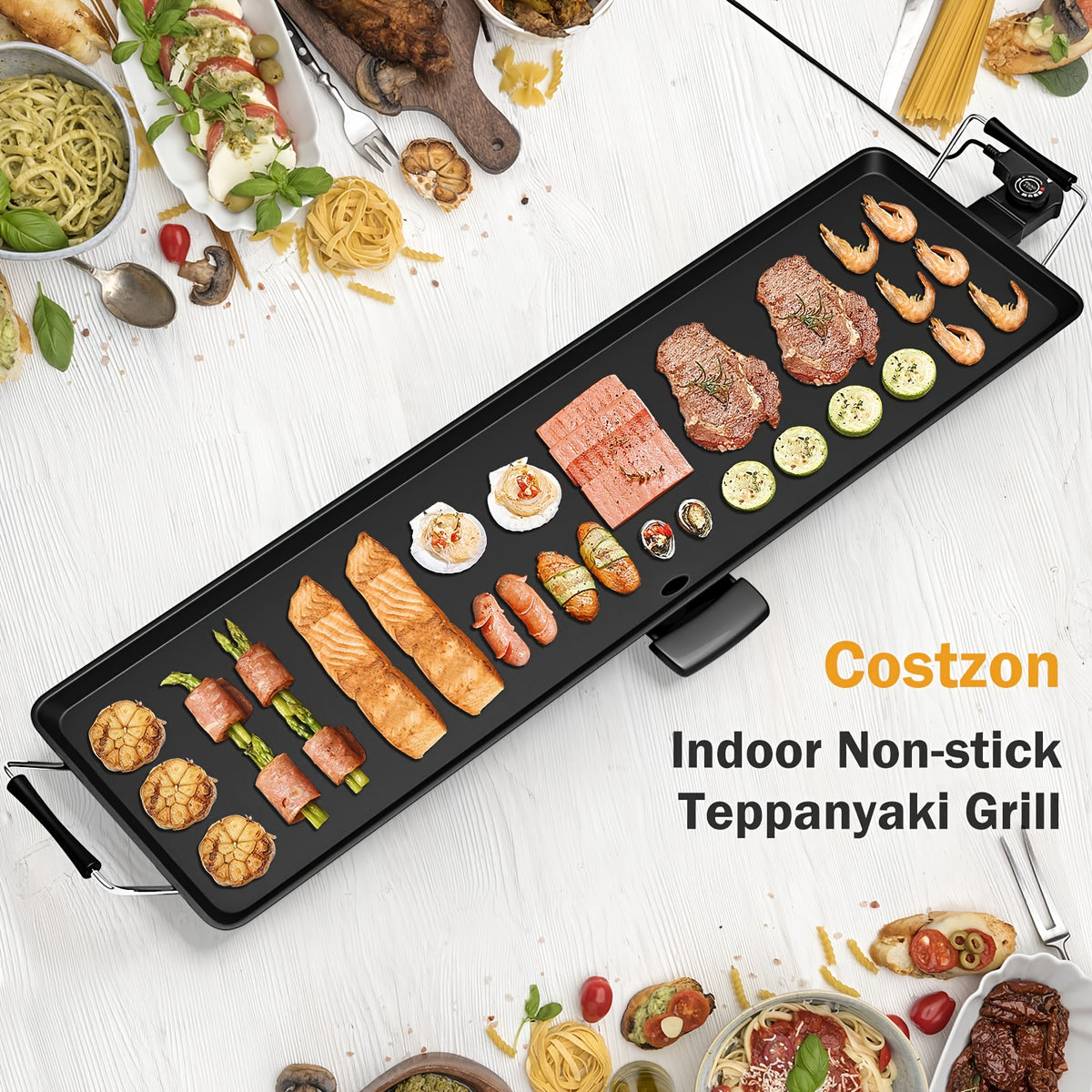 Electric Griddle 35-Inch Extra-Long Nonstick Grill with Adjustable Temperature and Drip Tray for Pancakes, Steaks and Family Meals, Gift Bag Included
