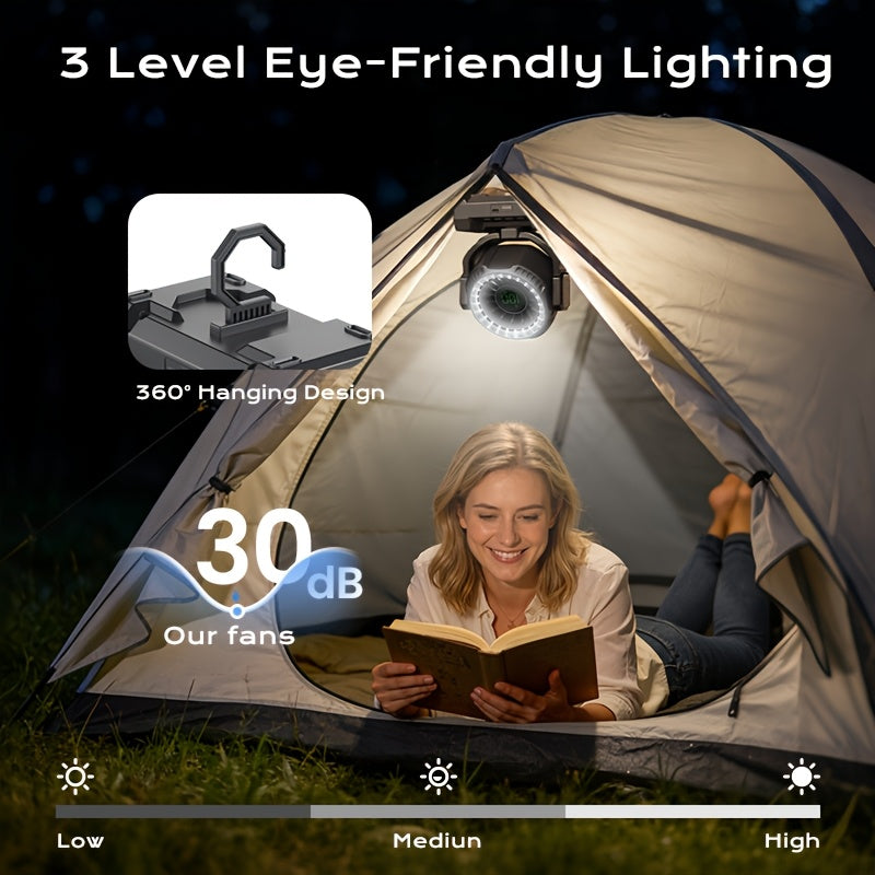 Display-Screen Camping Fan with Listed 24000mAh Rechargeable Battery, Five Speeds, USB Charging and Tent Hook for Campsite, BBQ and Home Power-Outage Airflow
