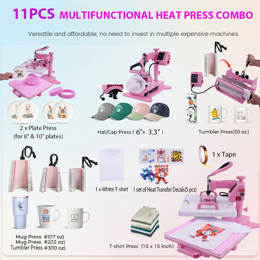 Combo Heat Press Machine with 5-in-1 or 8-in-1 Attachment Sets, 15x15 and 15x12 Inch Options or 12x10 Inch Textile-Only Press for DIY Customization