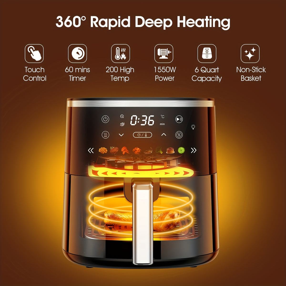 Digital Air Fryer with Viewing Window and Eight Presets, Adjustable Temperature and Timer, Listed 1550W Cooker with 6 QT Touch Air Fryer Option