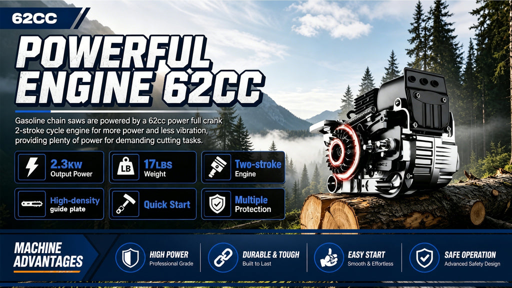 Gas Chainsaw with 62cc Two-Stroke Engine and Listed 20-Inch Bar, Four Color Options with Tool Kit, Oil Can and Bar Cover References for Outdoor Wood Cutting
