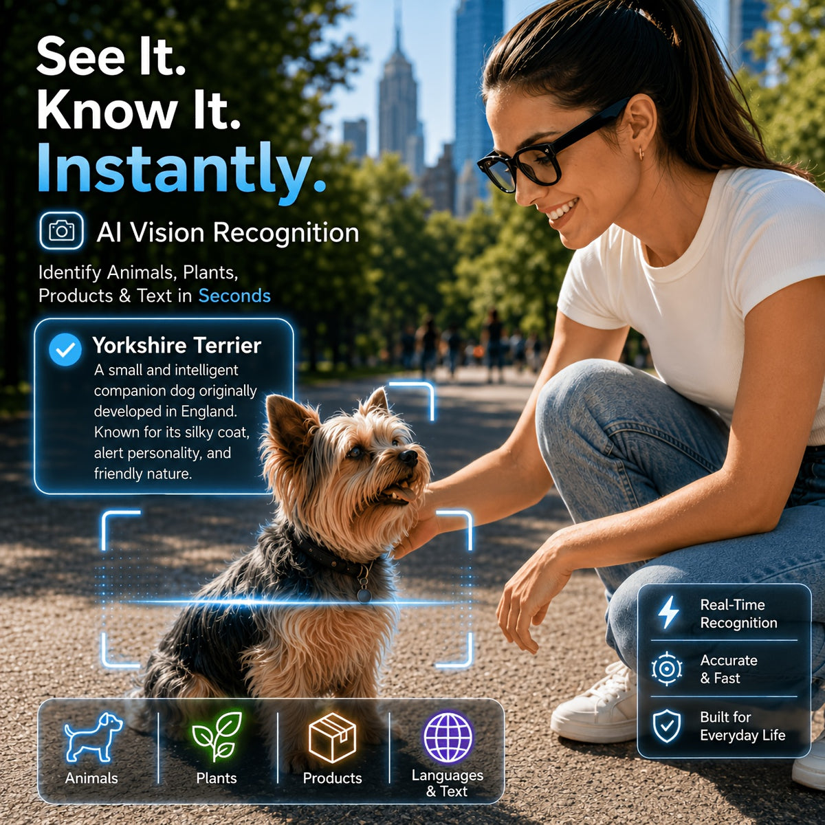 Photochromic AI Smart Glasses with Listed 8MP Camera and EIS, Live Translation, Object Recognition, Voice Control and Open-Ear Music in Unisex Black