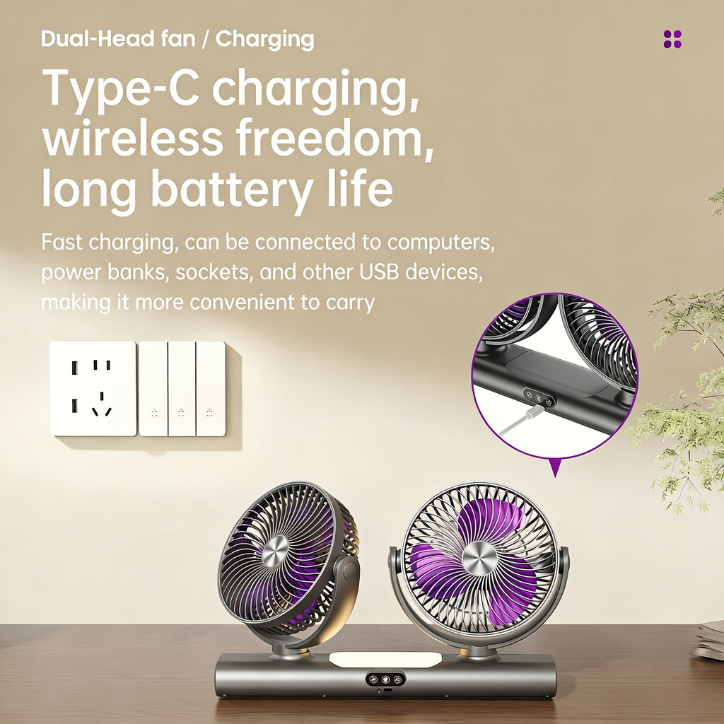 Twin-Head USB Desk Fan with Listed Three-Speed Adjustment, Multi-Angle Airflow and Night Light in Off White or Grey for Home, Office and Camping Spaces