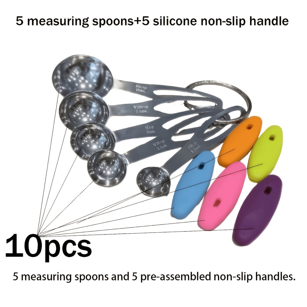 Measuring Spoons with Spare Silicone Handles, Five Stainless Steel Spoons Plus Five Replacement Handles in a 10-Piece Kitchen Cooking and Baking Set