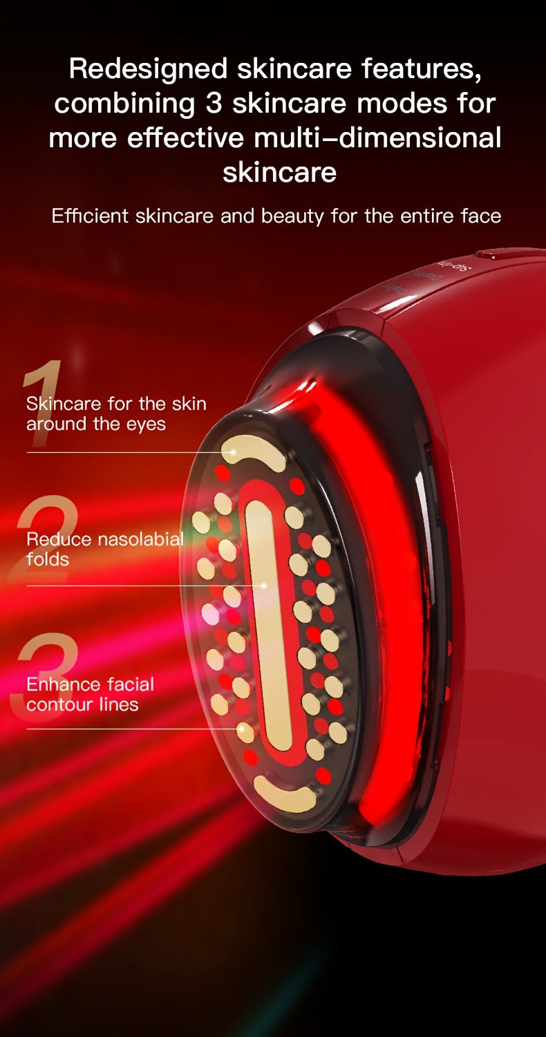 Burgundy Handheld Facial Care Device with Three Listed Skincare Modes, USB Rechargeable Power, Ergonomic Design and Color Light Features for Home Beauty Routines