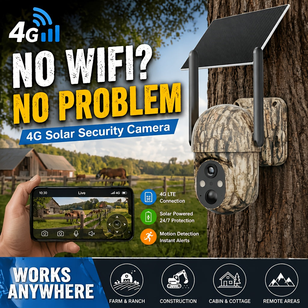 Solar Cellular Security Camera by SEHMUA, 4G LTE Outdoor Monitoring with 4K Live View, Remote Pan Tilt, Night Vision and Two-Way Audio for Farms and Ranches