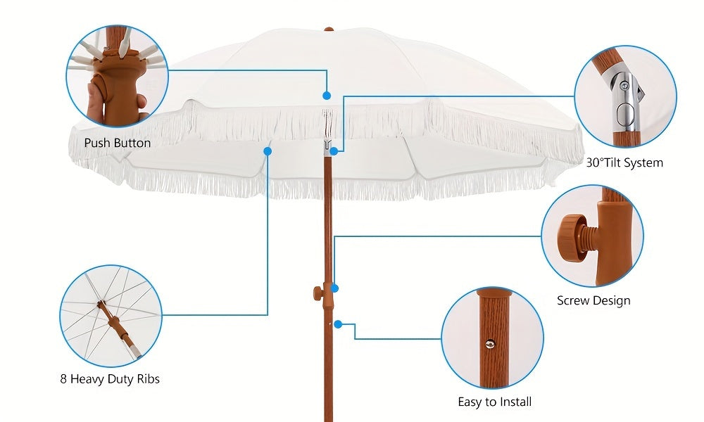 Eight-Rib Patio Umbrella with Push-Button Tilt Adjustment for Outdoor Garden and Courtyard Seating, Beige, Blue Pinstripe and White Style Selections