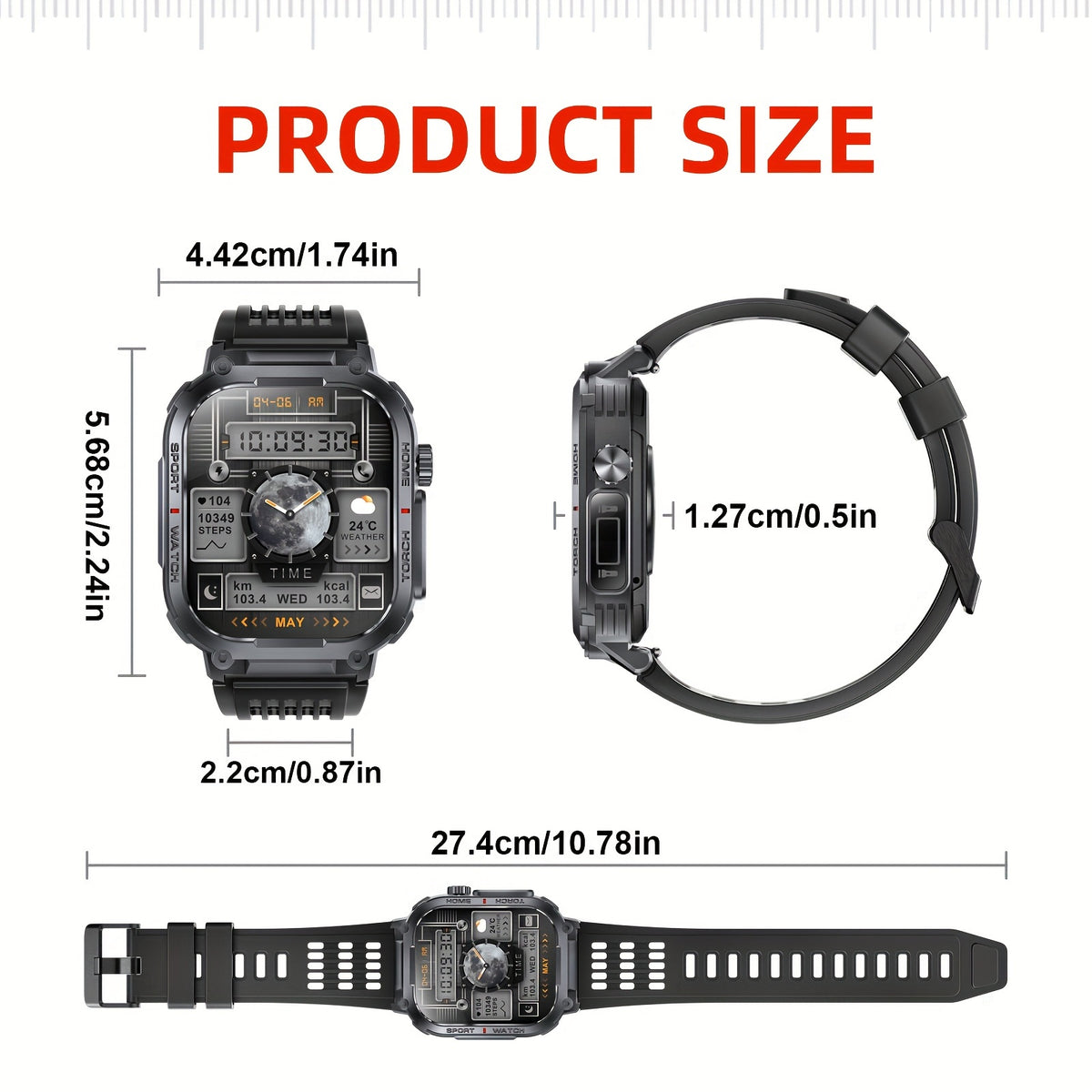 LED Flashlight Calling Smartwatch with Listed 2.02-Inch TFT Screen, Step Counting and Sleep Tracking Features, iOS Android Option for Everyday Wear