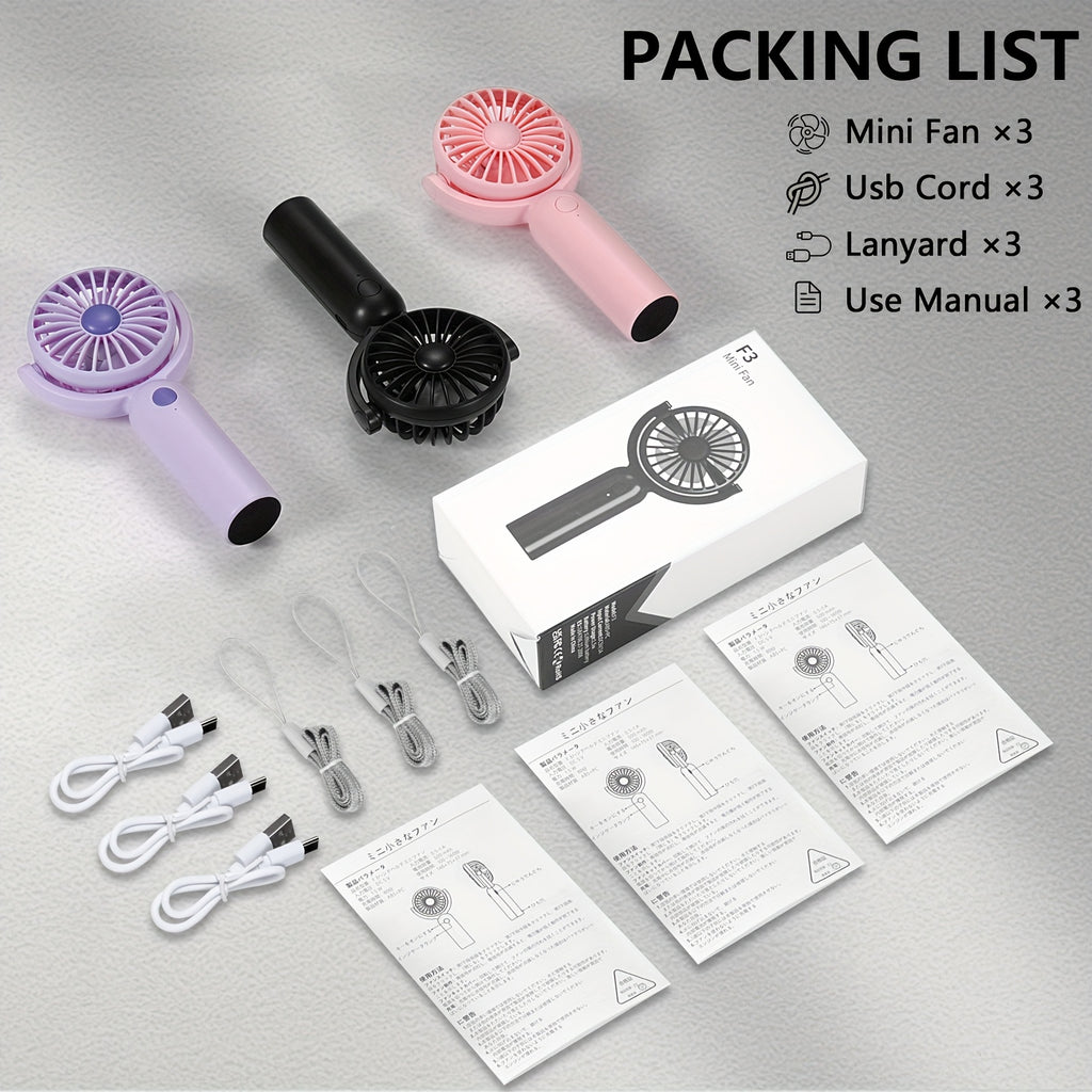 Rechargeable Handheld Fan 3-Pack in Pink, Purple and Black with Three Speeds, USB-C Charging and Listed 180-Degree Adjustment for Travel and Summer Outings