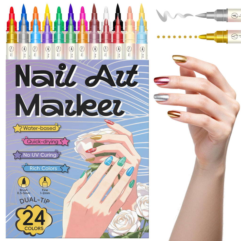 Dual-Tip Nail Art Markers 24-Piece Set, 12 Metallic and 12 Dopamine Color Acrylic Paint Pens for Graffiti-Inspired DIY Manicure Designs at Home or Salon