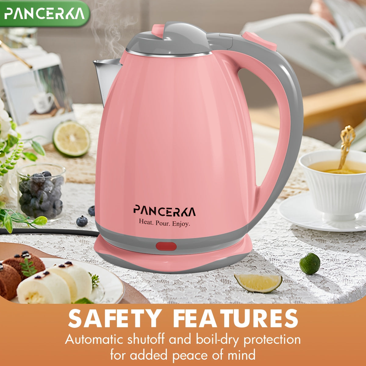 Pink or White Electric Tea Kettle by PANCERKA with Listed 1.8-Liter Capacity, Stainless Steel Material and Automatic Shutoff for Countertop Hot-Water Preparation