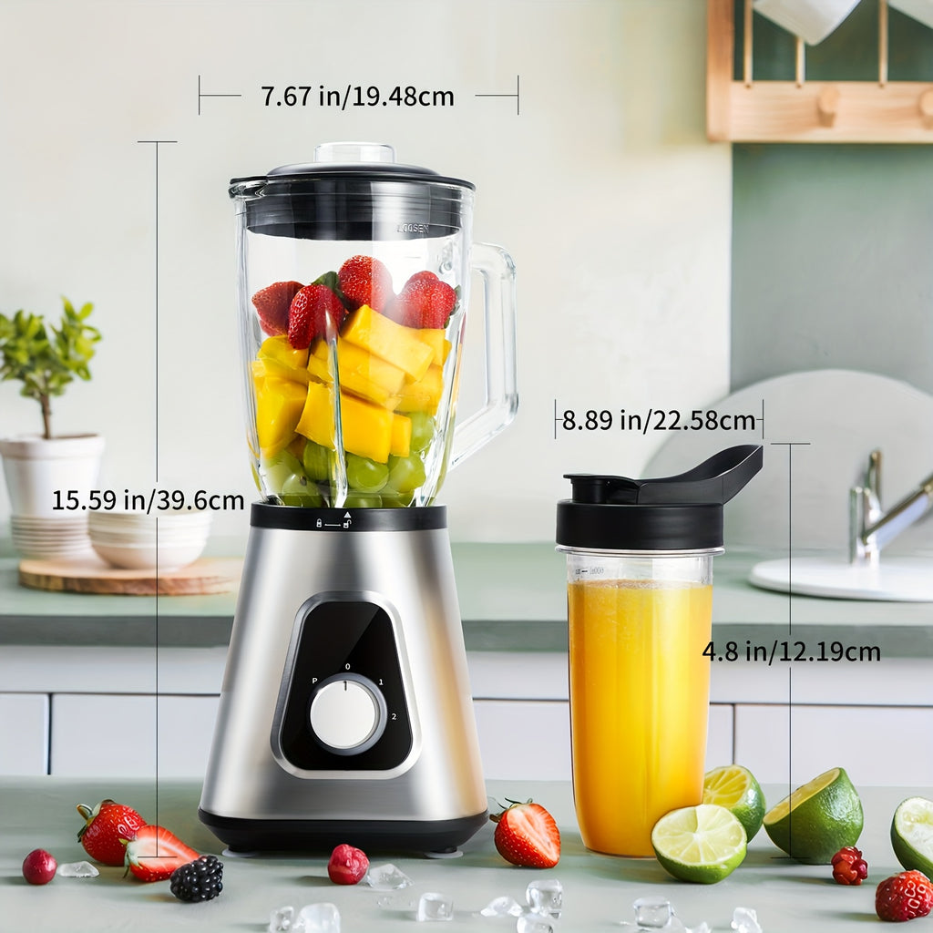 Countertop Blender with 52oz Glass Jar and 22oz Portable Cup, 3-Speed Silvery Kitchen Blender for Smoothies, Milkshakes, Sauces and Fruit Purees
