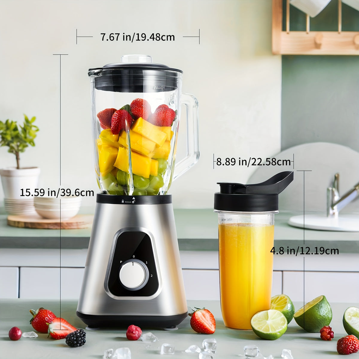 Countertop Blender with 52oz Glass Jar and 22oz Portable Cup, 3-Speed Silvery Kitchen Blender for Smoothies, Milkshakes, Sauces and Fruit Purees
