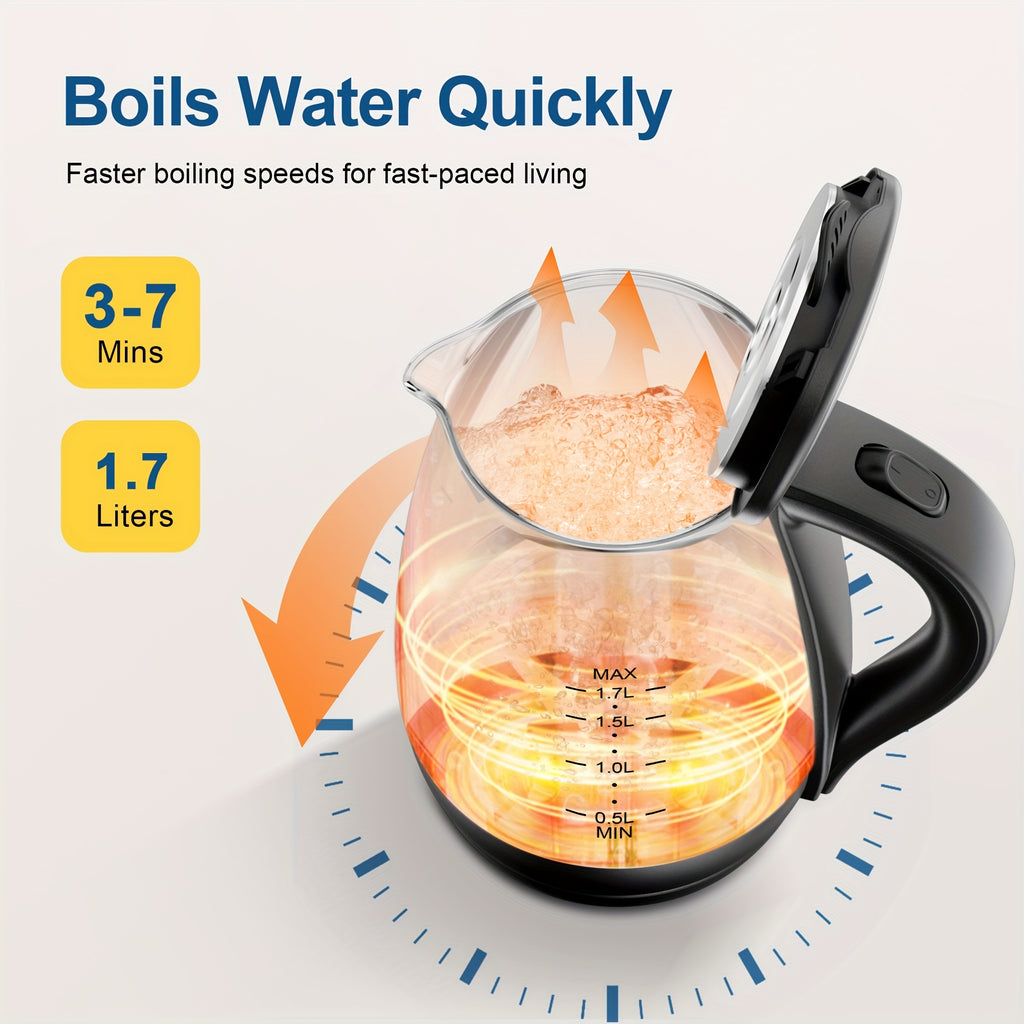 Angled-Spout Electric Kettle with Listed 1.7L Capacity and 1200W Heating, Black or Glass Model Labels, Blue LED and Auto-Shutoff Wording for Hot Water Preparation
