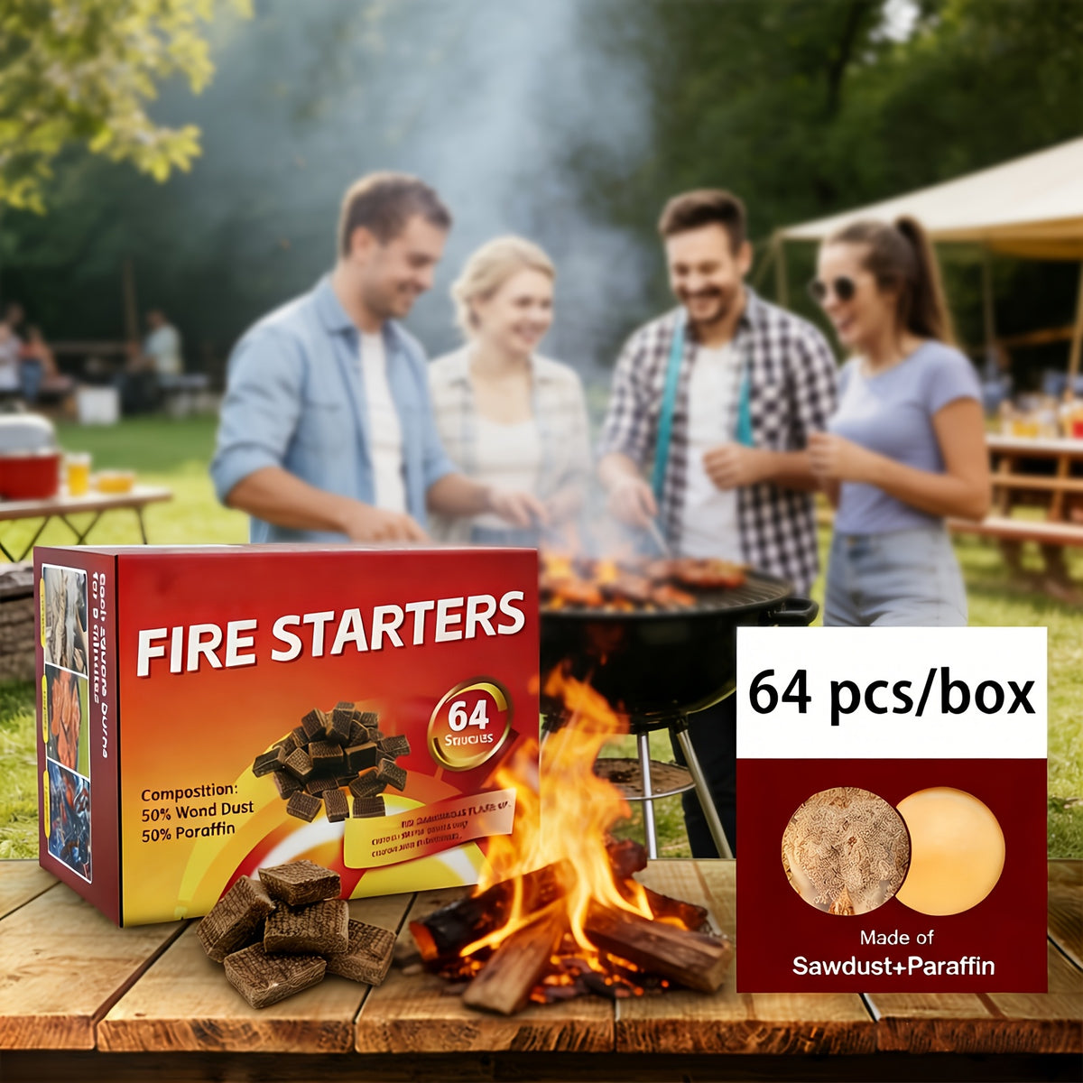 Fire Starter Squares 64-Pack for Compatible Fireplaces, BBQ Grills, Wood Stoves and Camping Setups, Square Firelighting Supplies for Experienced Adults