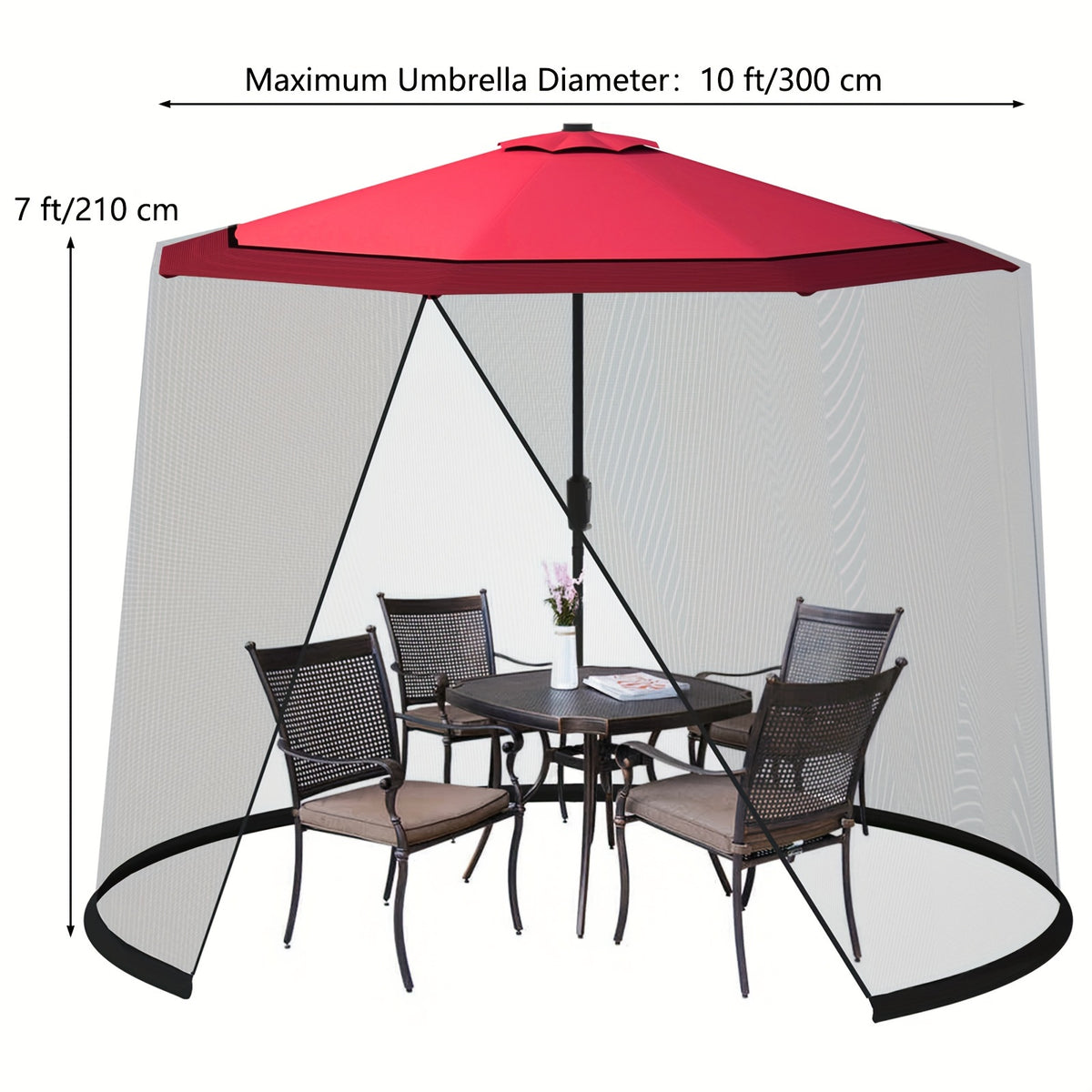 Patio Umbrella Mosquito Netting in Black for Listed 9–10-Foot Canopies, Adjustable Drawstring Screen with Zippered Entrance and Water-Fill Base Tubes