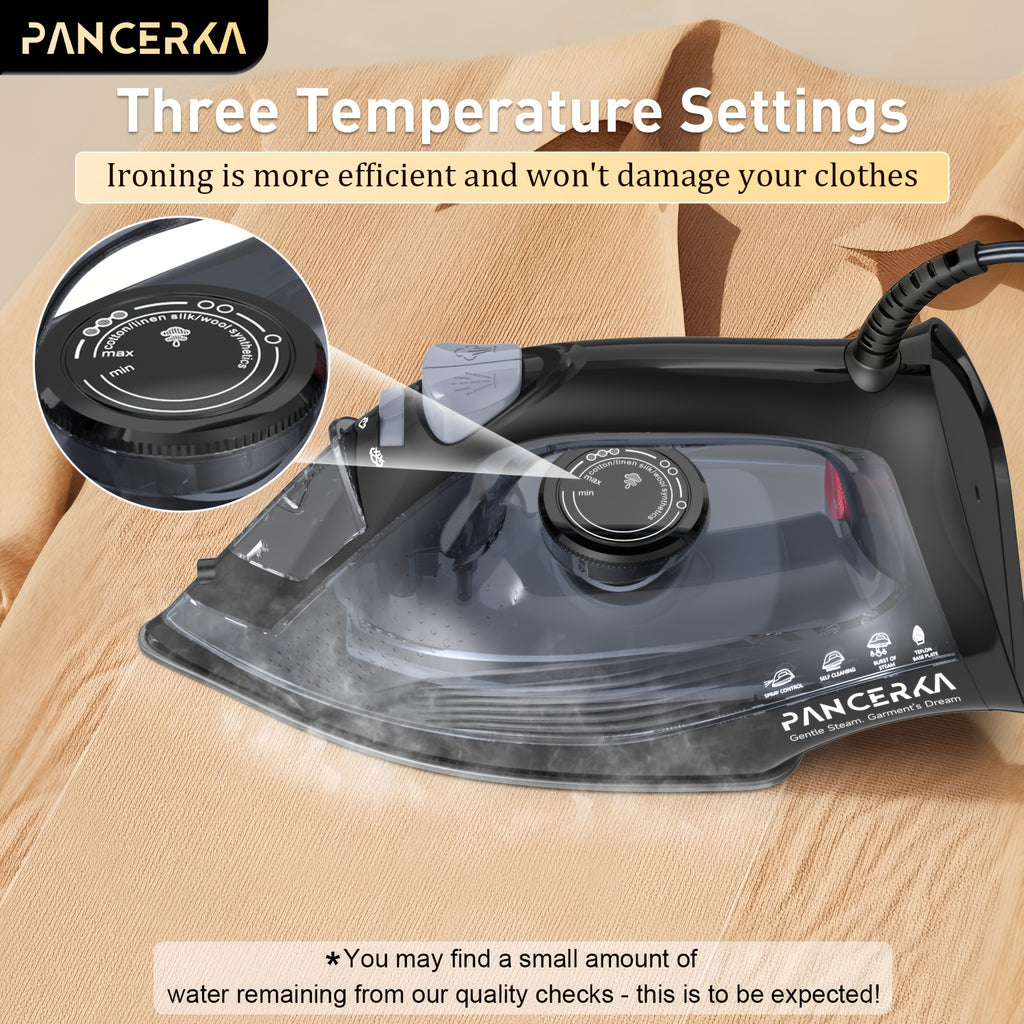 Adjustable Thermostat Steam Iron by PANCERKA, Black Clothes Iron with Listed 1200W Power, Nonstick Soleplate, Variable Steam Control and Overheat Protection Wording
