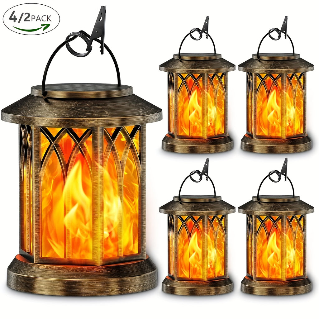 Flickering Flame Solar Hanging Lanterns, Black or Bronze 2-Pack and 4-Pack with Automatic On and Off and Listed IPX5 Rating for Garden and Patio Decor
