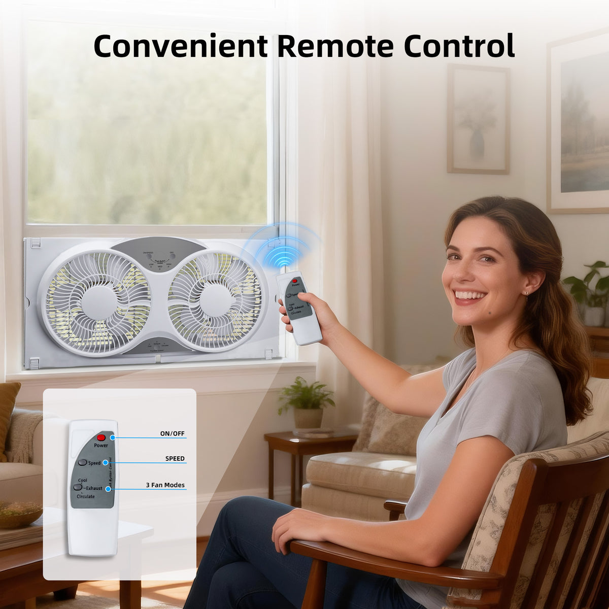 Twin Window Fan with 9-Inch Design, Reversible Airflow and Three Speeds, Listed 23.8-37 Inch Expandable Width with Remote or Timer Options for Home Bedrooms
