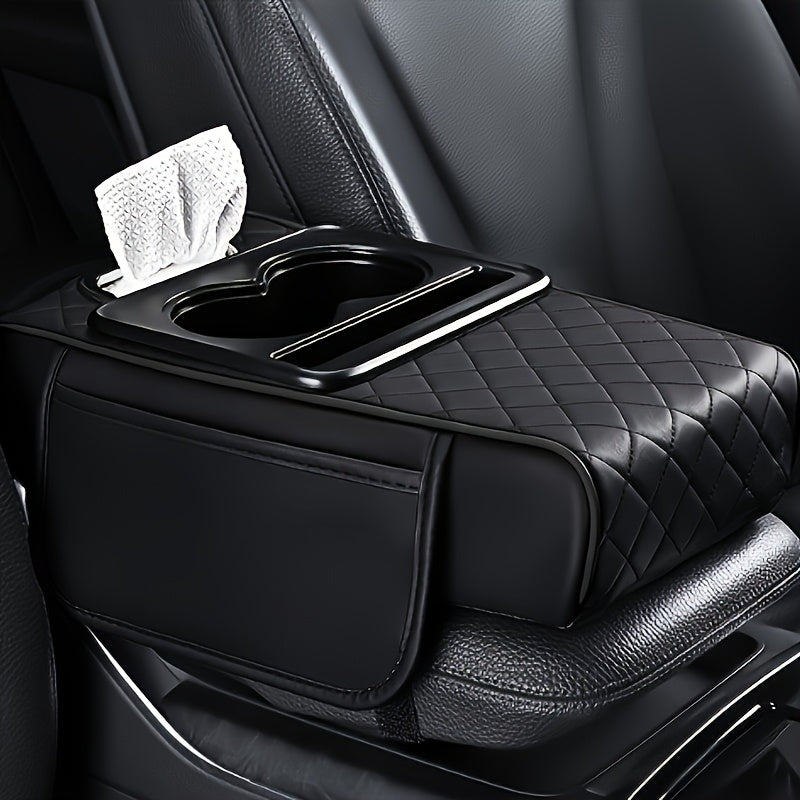 Car Armrest Storage Cover in PU Leather with Two Side Pockets and Two Cup Holders, Center Console Organizer with Tissue Bundle and Refill Options