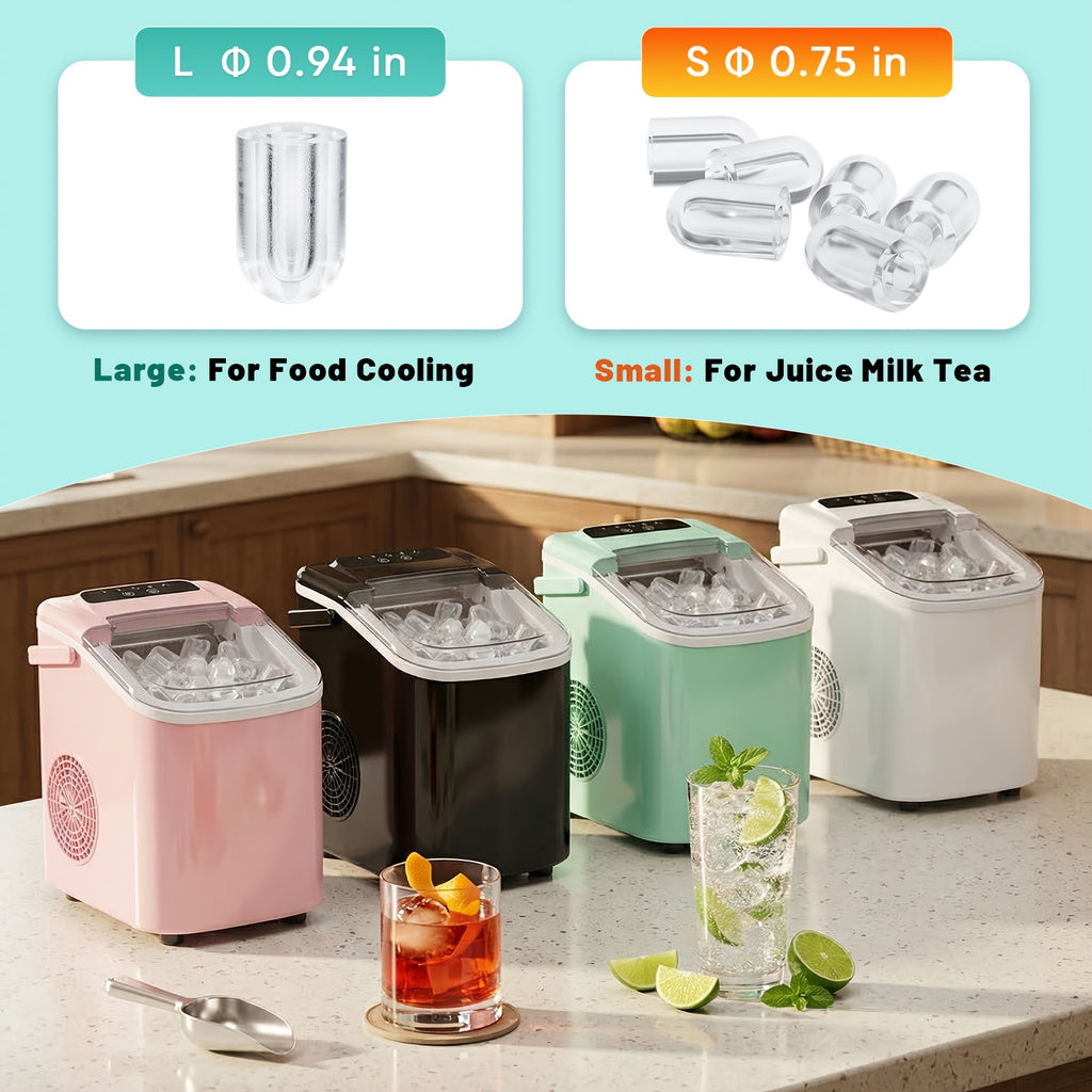 White Bullet Ice Maker with Carry Handle, Self-Cleaning Function, Ice Scoop and Basket, Listed Nine-Cube Six-Minute Cycle for Kitchen, Office and Party Drinks