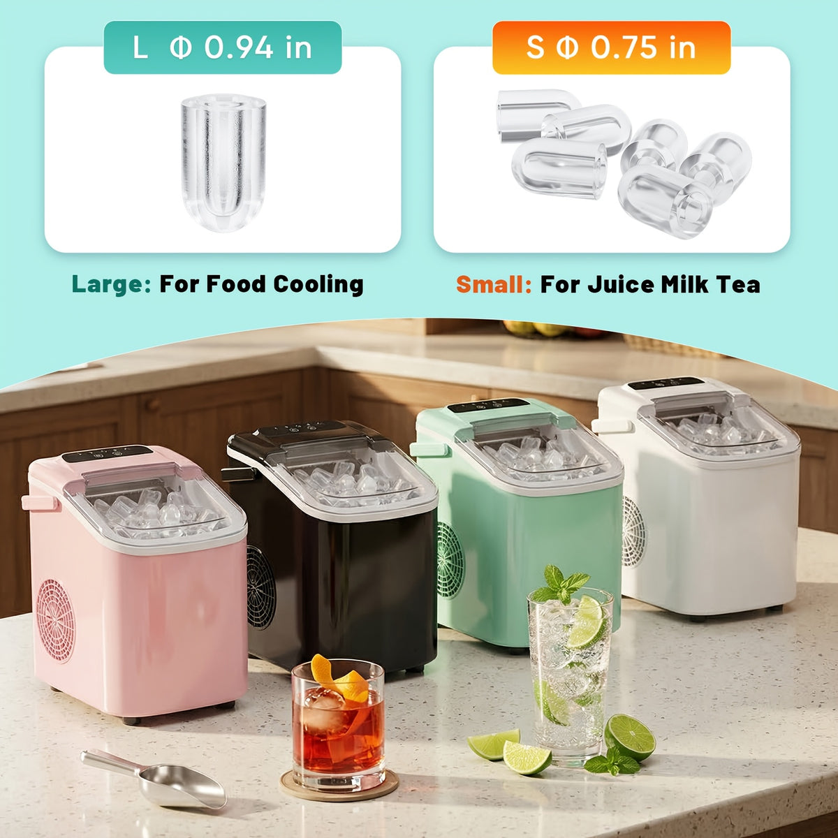 White Bullet Ice Maker with Carry Handle, Self-Cleaning Function, Ice Scoop and Basket, Listed Nine-Cube Six-Minute Cycle for Kitchen, Office and Party Drinks