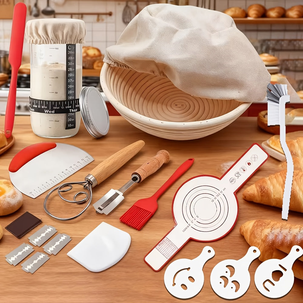 Sourdough Bread Baking Kit with 9-Inch Round Banneton Proofing Basket and Glass Starter Jar, Home Fermentation Supplies for Artisan Bread Making and Baker Gifts
