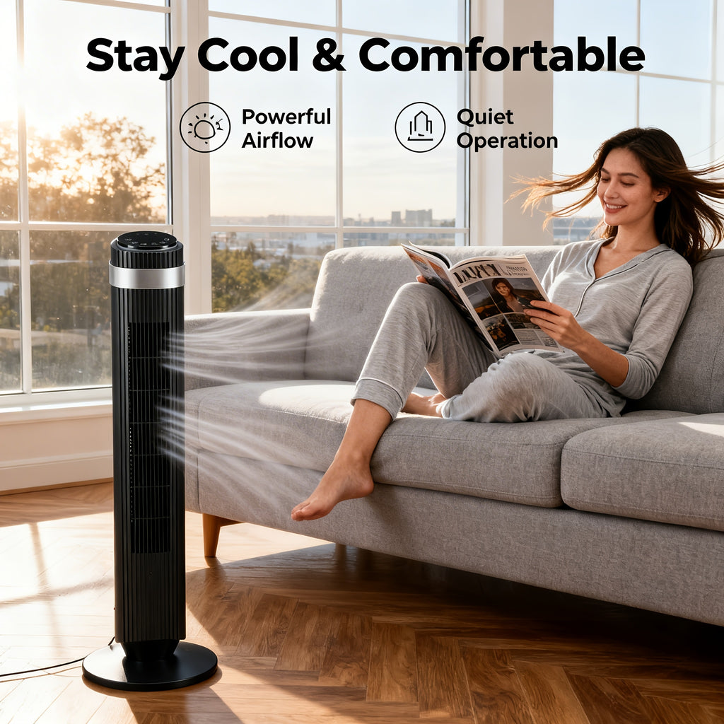 DC Motor Tower Fan with Remote Control, Bladeless Standing Fan with 5 Speeds, 4 Modes and 12-Hour Timer for Bedroom, Living Room and Home Office