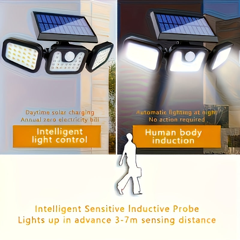 Three-Head Solar Motion Sensor Light with Listed 120 LEDs and 270-Degree Coverage, Outdoor Wall Floodlight in Single or Four-Pack Options for Yard and Garage