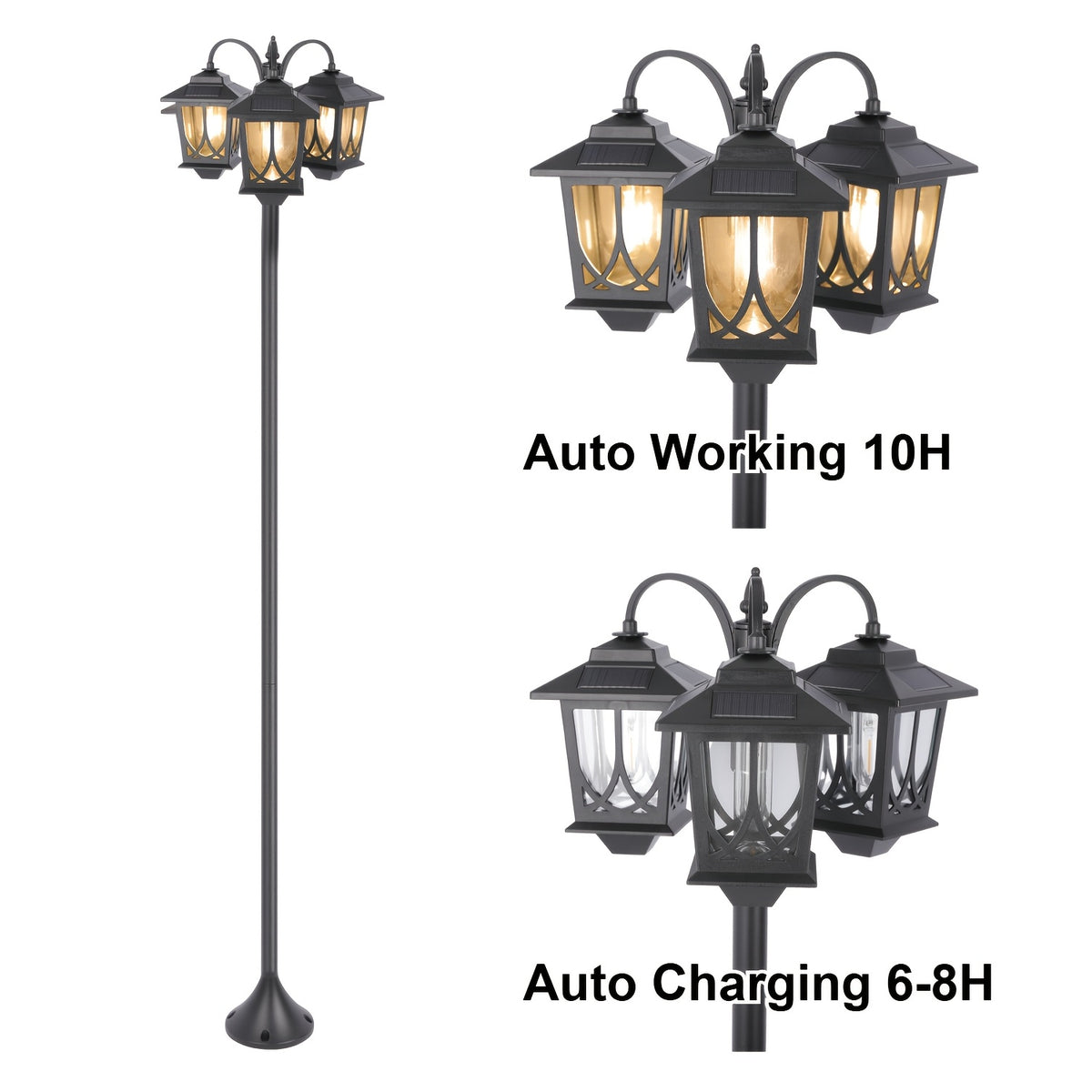 Three-Head Solar Lamp Post with Listed 73-Inch Section-Adjustable Design and 3000K Warm White Light, Black, Two-Pack or Upgraded Flower Pot Model Labels