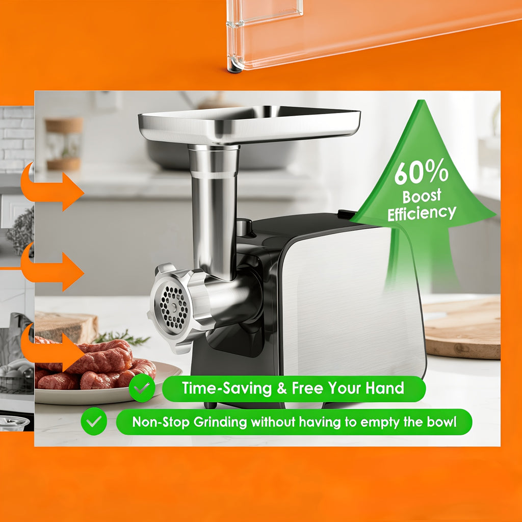 Electric Meat Grinder TE-090 with Two Blades, Two Cutting Plates and Sausage Stuffer Tube, Listed Stainless Steel Design with Reverse Button and Removable Accessories