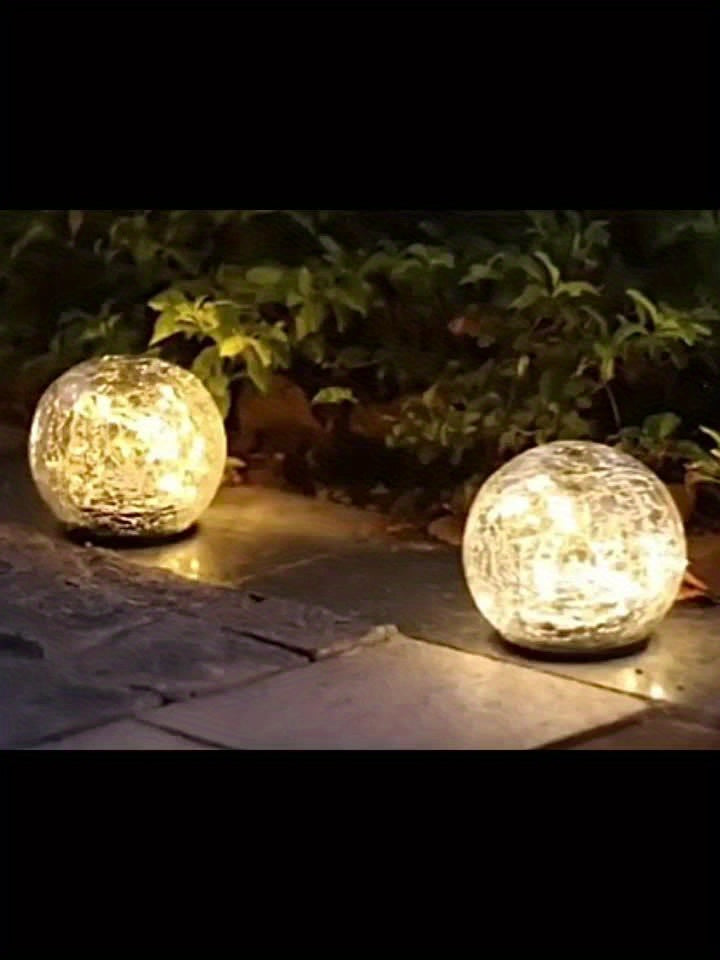 Warm White Solar Crackle Glass Ball Lights with Ground Stake Wording, Four, Six or Eight-Piece Packs for Decorative Garden Borders, Patios and Event Displays