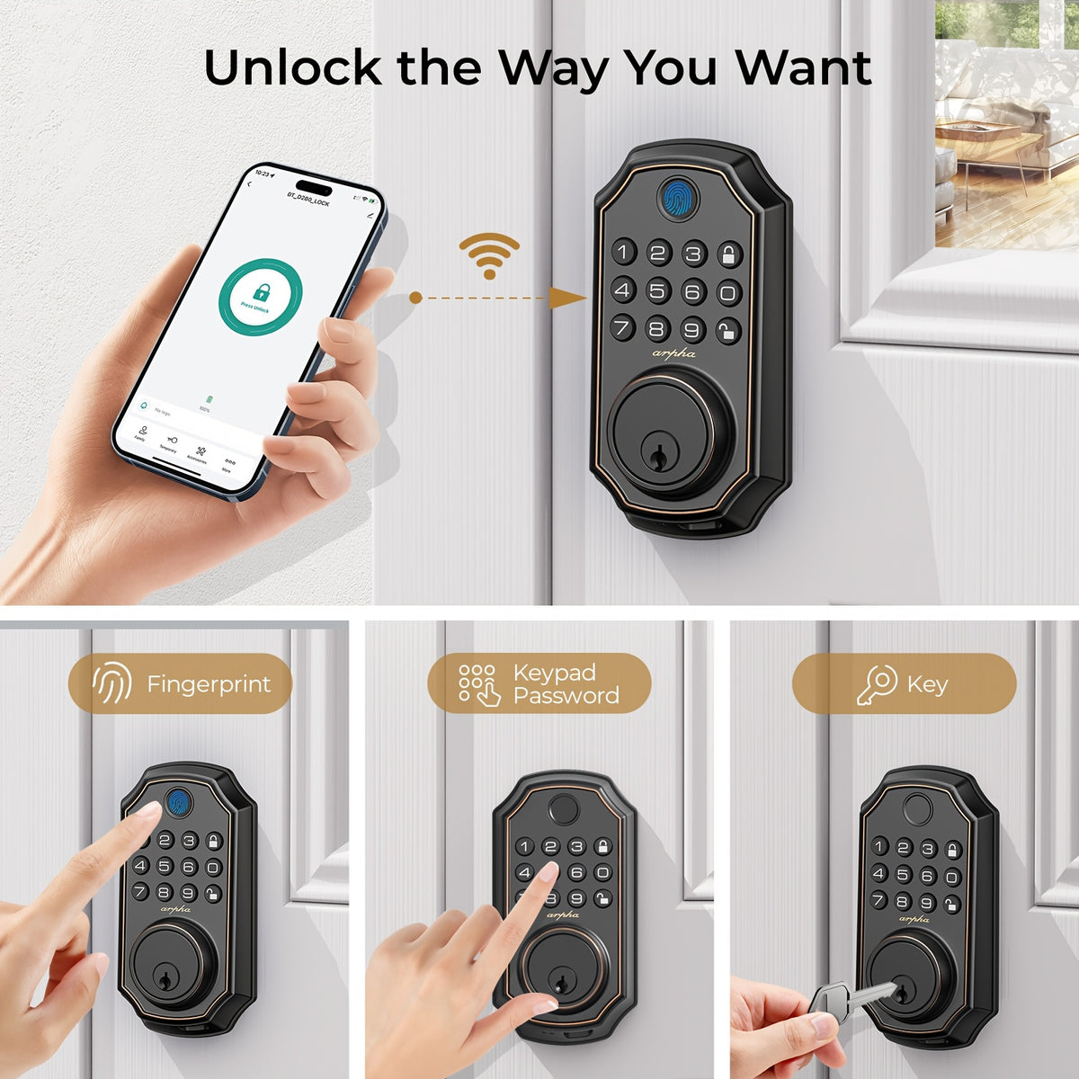 Electronic Deadbolt and Handle Set by ARPHA, Black Keyless Entry Door Lock with Listed 100 Codes, One-Time Password and Auto-Lock for Compatible Doors