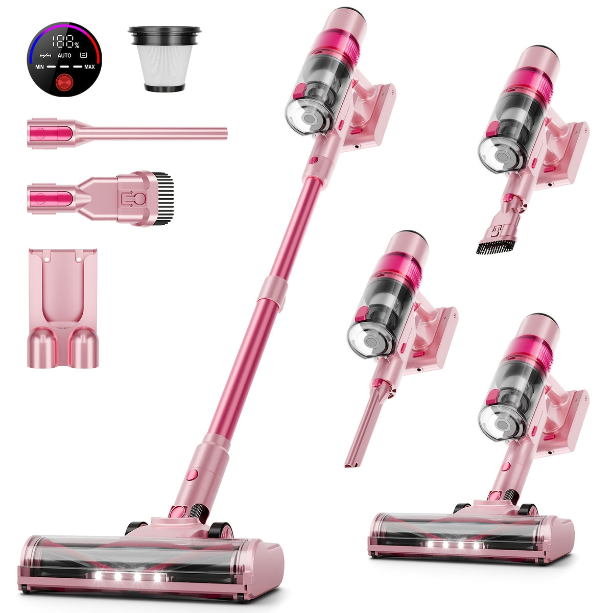 LED Display Cordless Vacuum Cleaner with Anti-Tangle Floor Brush and Detachable Rechargeable Battery for Carpet, Pet Hair, Tile and Hardwood Floors