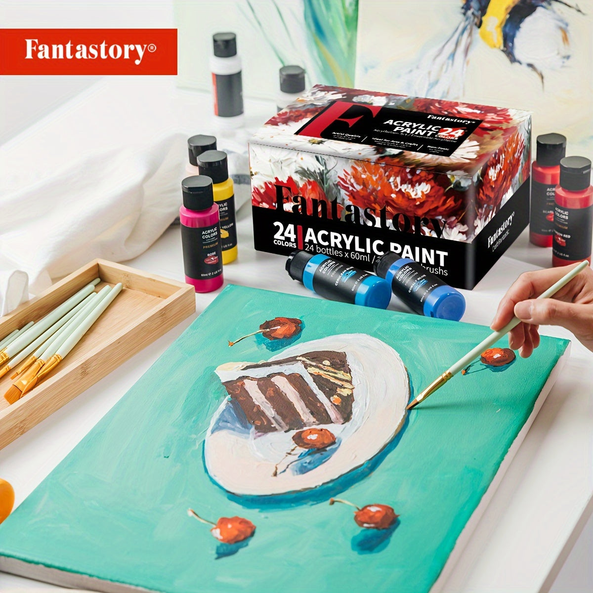 Thick Acrylic Paint Set by Fantastory, 24 Vibrant Colors in Listed 2oz/60ml Sizes with 12 Brushes for Canvas, Wood, Rock, Glass and Ceramic Craft Projects