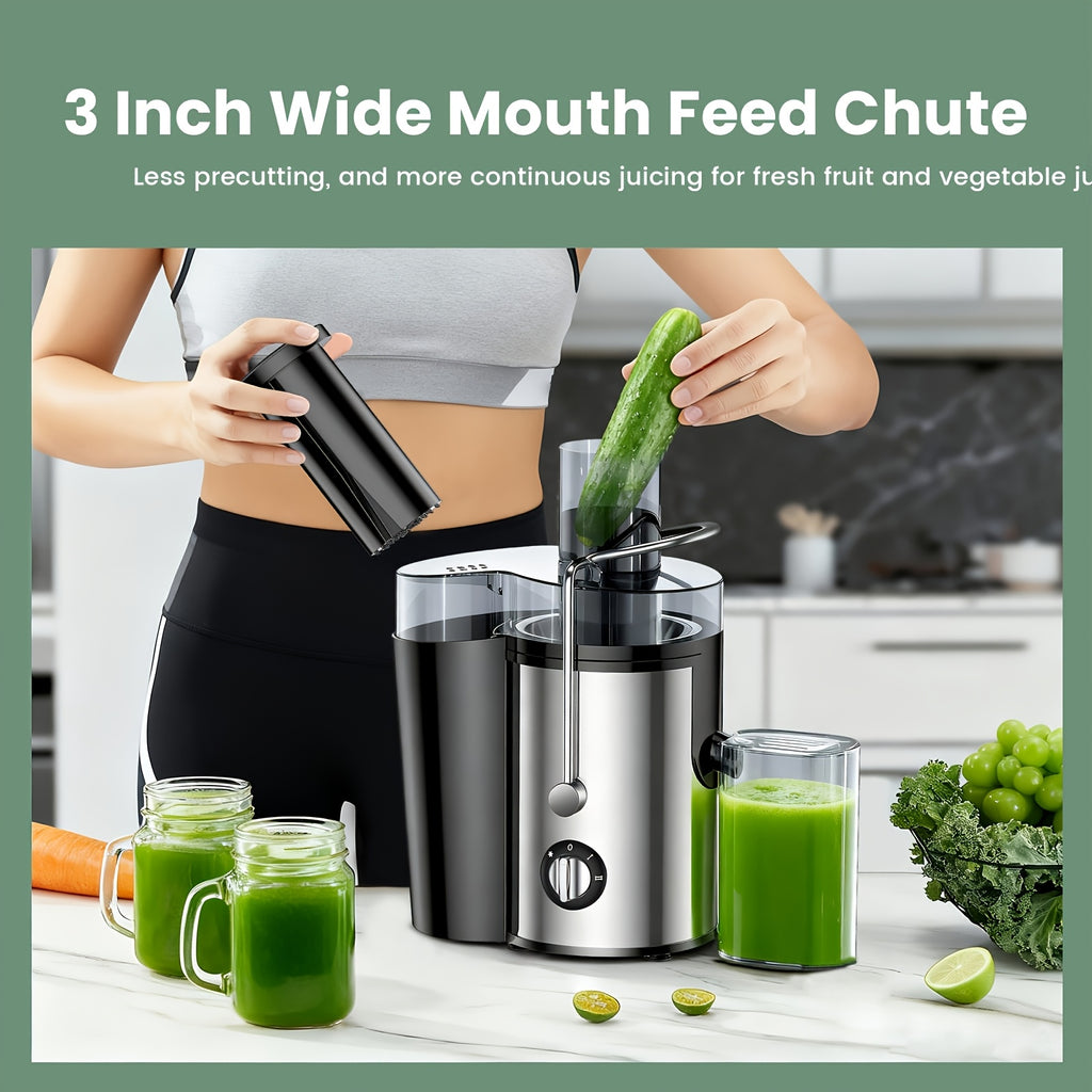 Multifunction Juice Extractor in Black with 3-Inch Feed Opening, Three Speed Settings, One-Touch Operation and Detachable Parts for Fruit and Vegetable Preparation