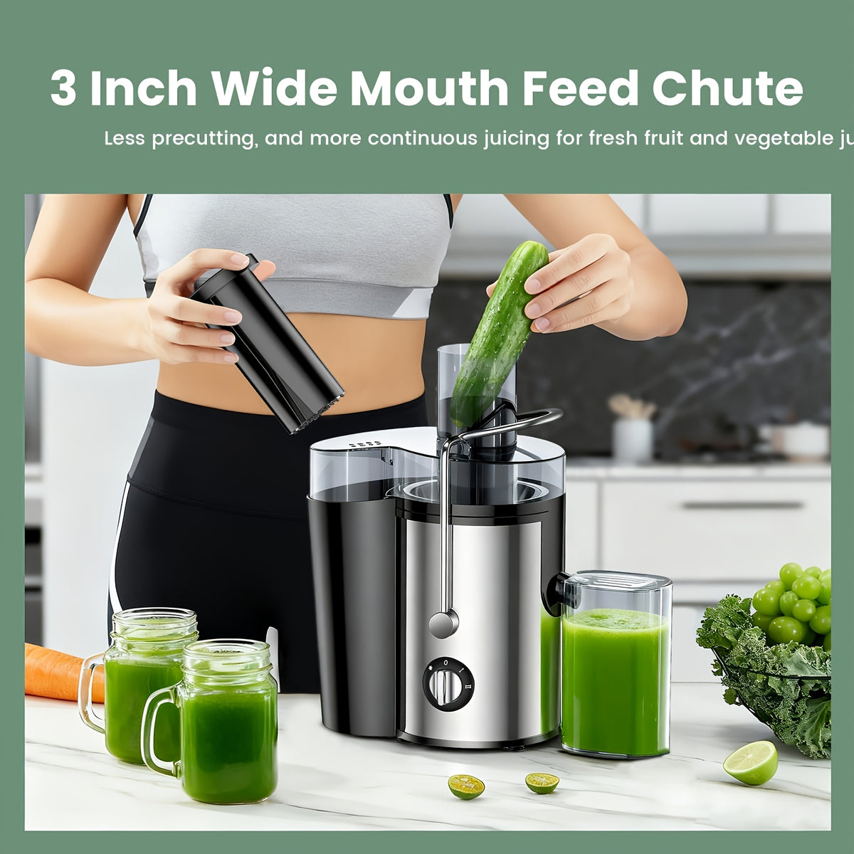 Multifunction Juice Extractor in Black with 3-Inch Feed Opening, Three Speed Settings, One-Touch Operation and Detachable Parts for Fruit and Vegetable Preparation