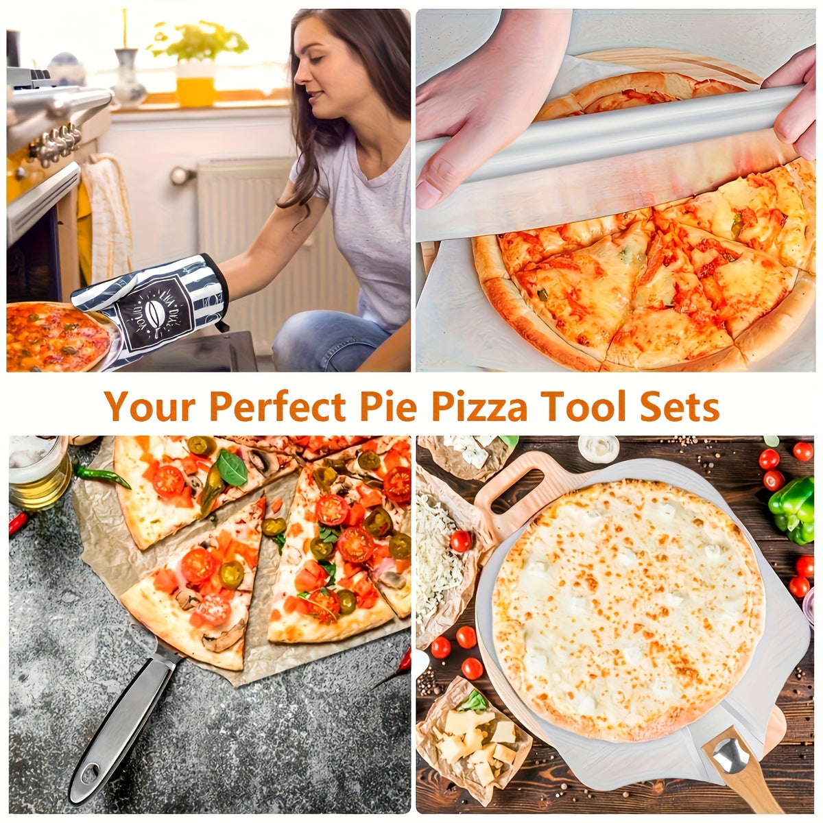 Pizza Tool Set, Seven-Piece Option with Listed Gloves, Oil Brush, Shovel and Knife for Homemade Pizza Preparation with Compatible Oven and BBQ Equipment