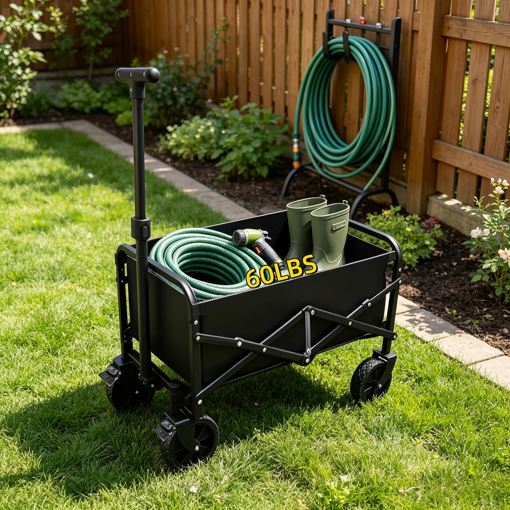 Camping Supply Folding Wagon Cart with Listed Five-Inch Tires, Collapsible Utility Carrier in Four Load-Labeled Options for Garden Gear, Beach Trips and Moving