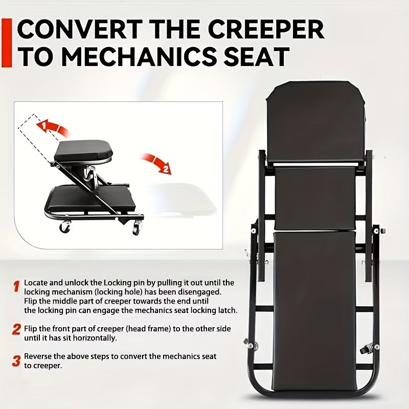 Wheeled Mechanic Creeper and Sliding Stool Options in Red or Grey, Foldable 3-in-1 Crawler or Non-Foldable Model for Garage Work Planning