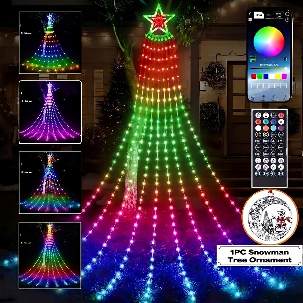 Waterfall Christmas Tree Lights with Star and Listed 350 LEDs, 11.8ft RGB Music-Sync Holiday Display with Remote, App Control, Timer and USB Power