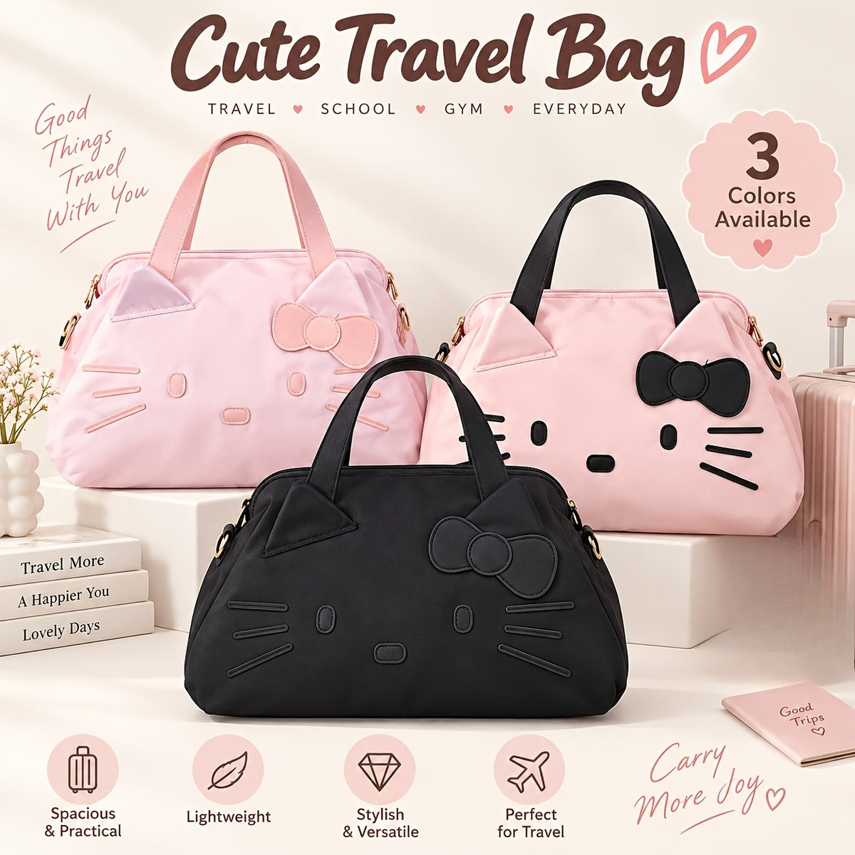 Bow Decorated Nylon Tote Bag with Hello Kitty Theme, Shoulder and Crossbody Carry for Daily Commutes, Gym Visits and Weekend Travel