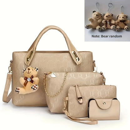 Women's Four-Piece Handbag Set with Random-Style Bear Pendant Reference, Black, Beige, Golden or Deep Blue Options for Daily Commuting and Casual Outings