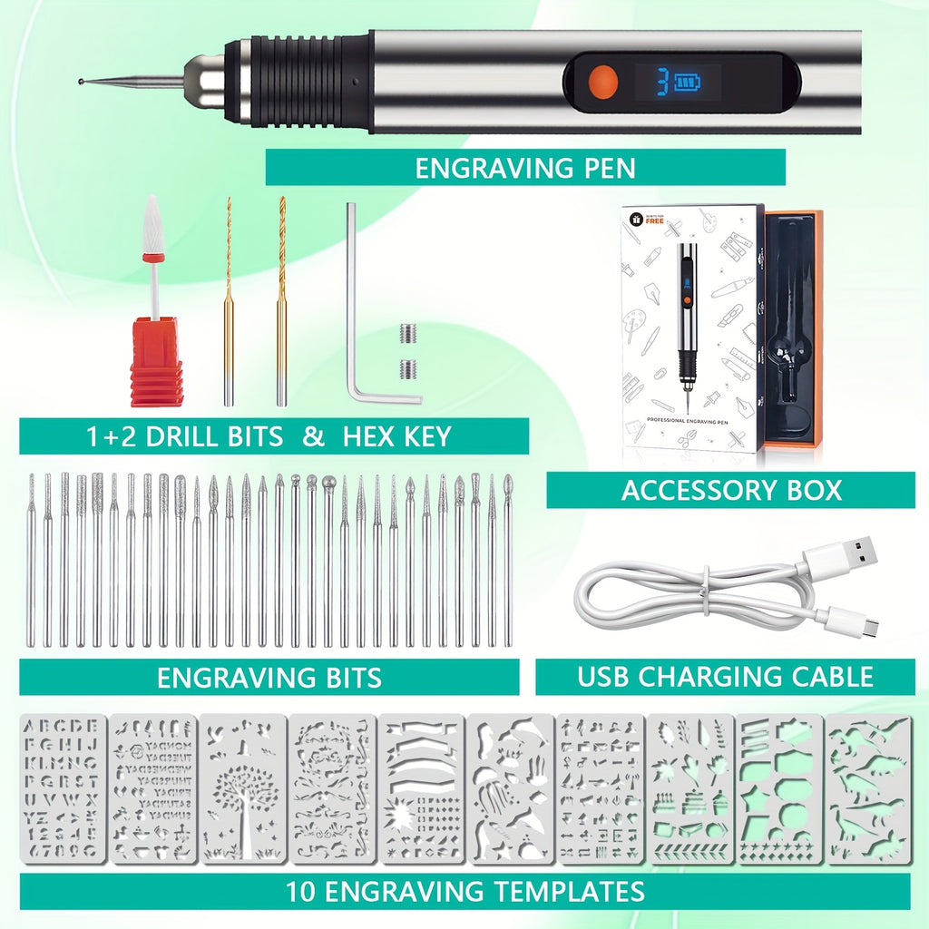 Rechargeable Engraving Pen Kit with Three Speed Settings, 30 Grinding Bits, 3 Drill Bits and 10 Plastic Stencils for Adult DIY Detail Work and Personalized Gifts