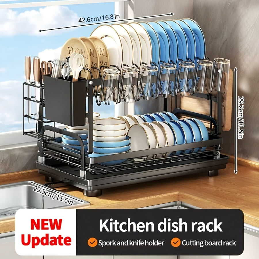 Metal Countertop Dish Rack for Kitchen Tableware Organization, Two-Tier Painted Rack Design with Utensil Holder Reference and Black, Dark Grey or Base Options