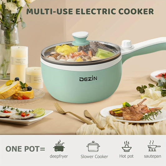 Nonstick Electric Hot Pot with Adjustable Power and Listed 57.48oz Capacity, Green or Beige Mini Skillet for Noodles, Soup, Eggs and Everyday Kitchen Meals